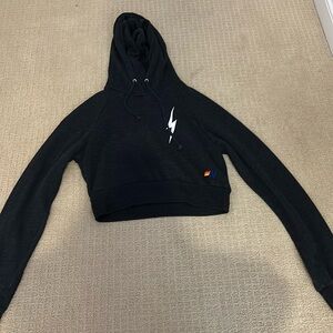 Aviator Nation Bolt Rugby Stitch Cropped Hoodie, black, size small.
